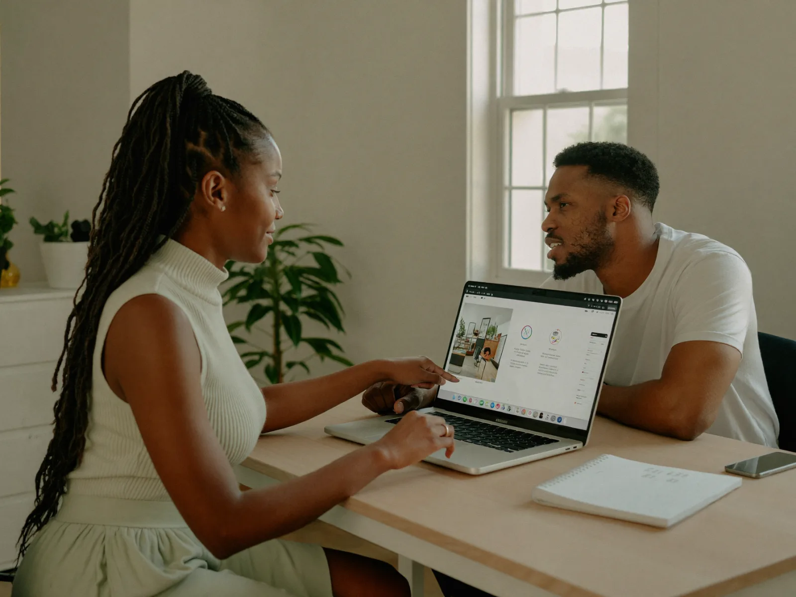 Two people reviewing a website layout on a laptop in a bright office